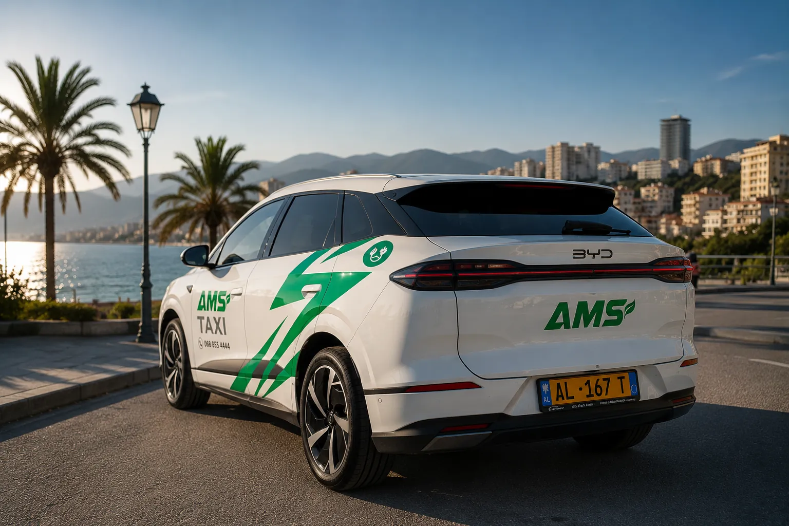 AMS Taxi vehicle on the Durrës seafront