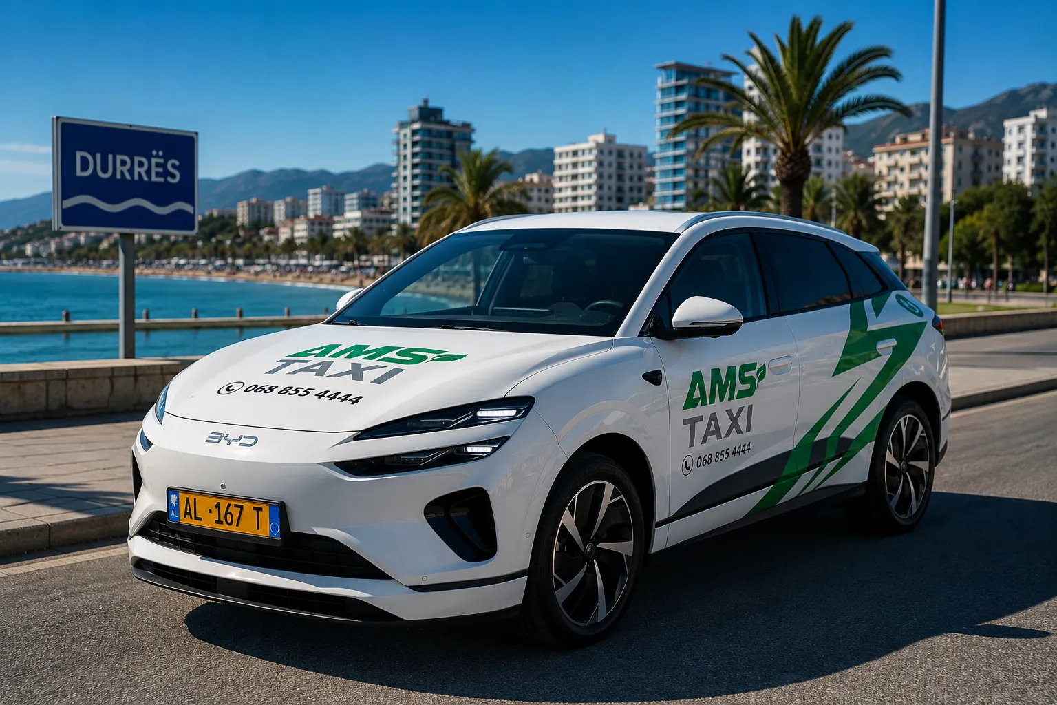 AMS Taxi vehicle by the Durrës seafront sign