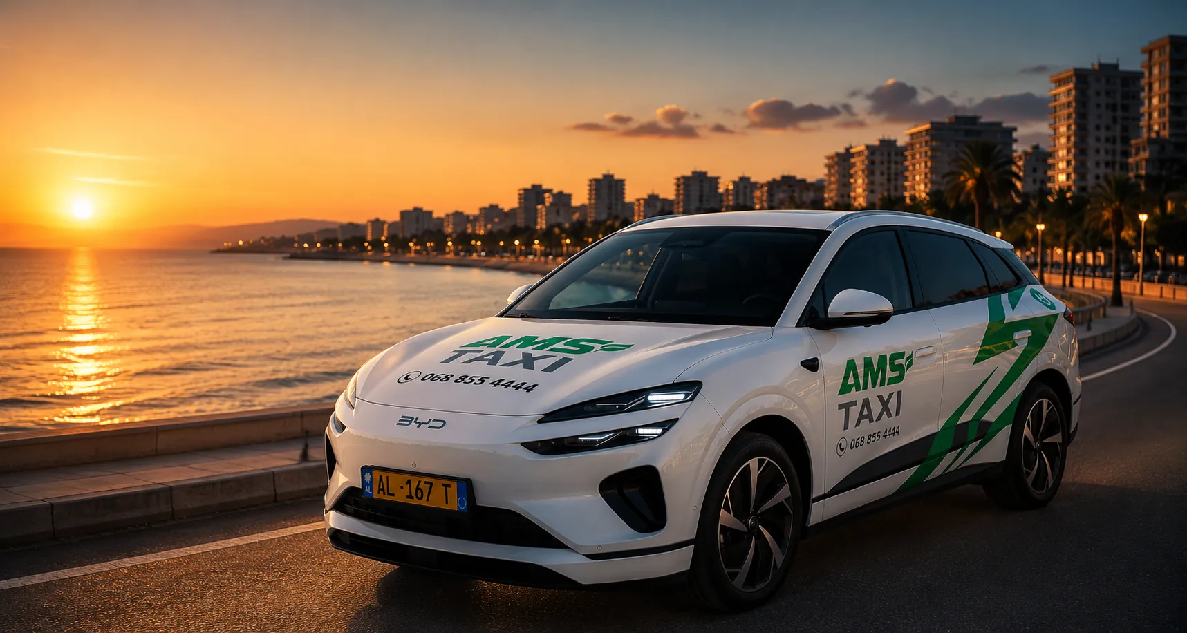 AMS Taxi premium vehicle on the Durrës waterfront