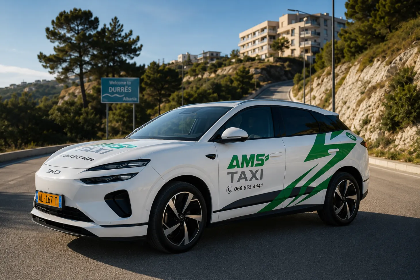 AMS Taxi premium vehicle welcoming guests in Durrës